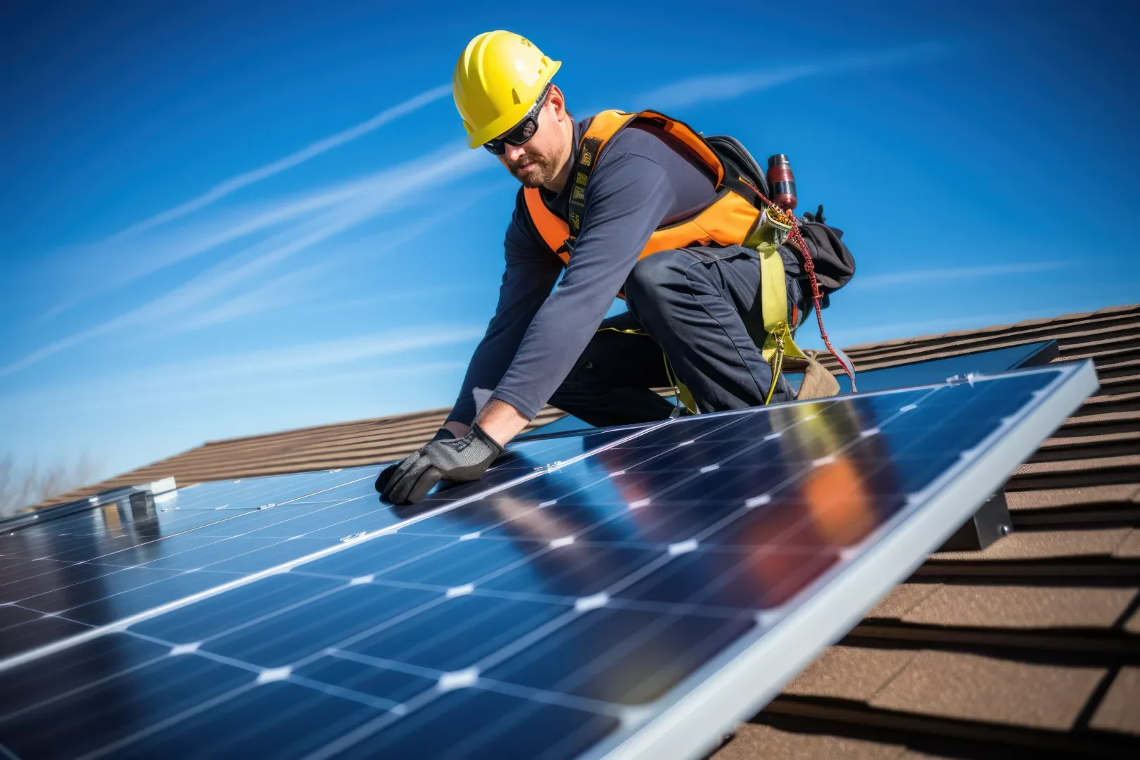 Solar technician installing a rooftop panel