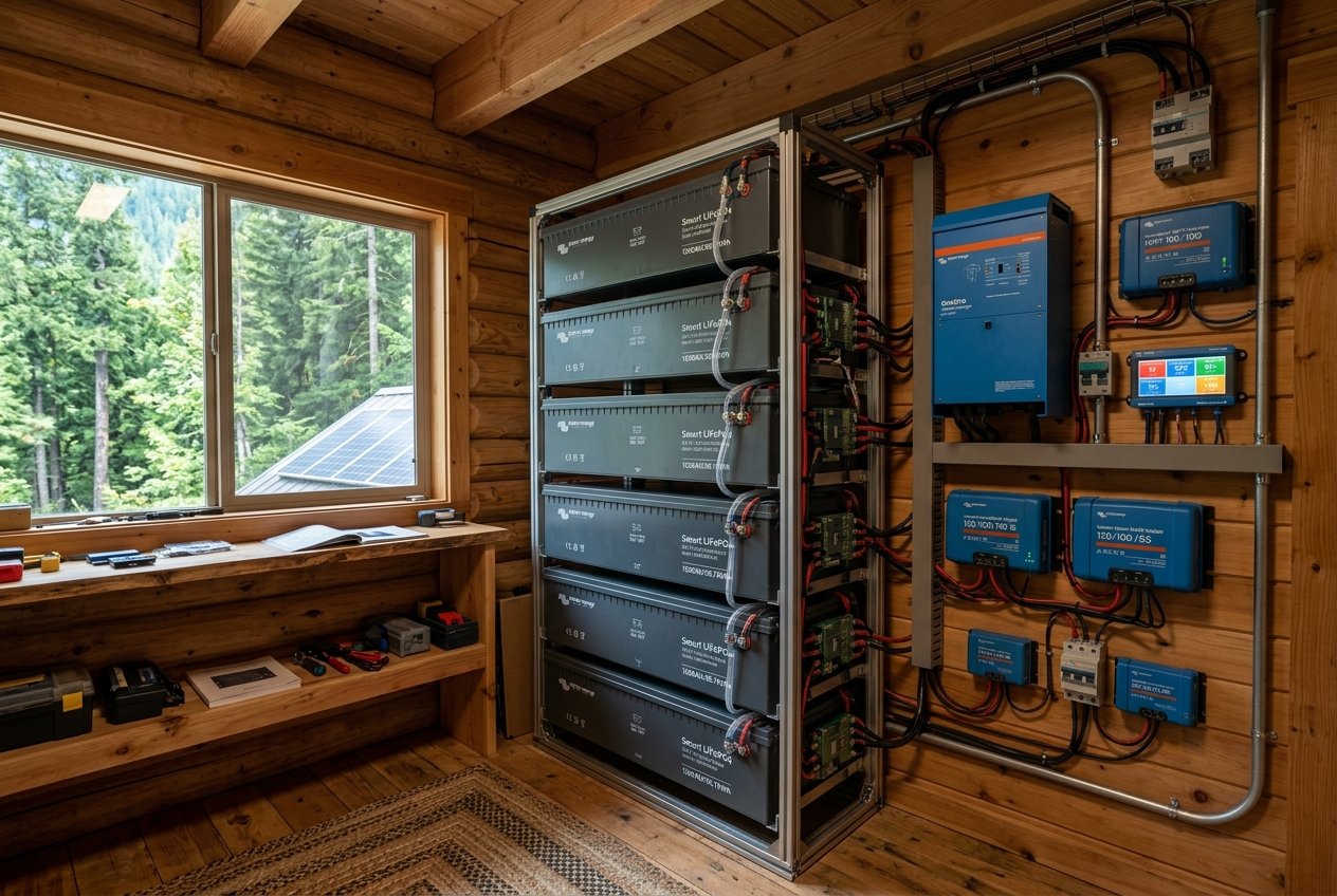 Off-grid heavy battery storage racks in NZ cabin