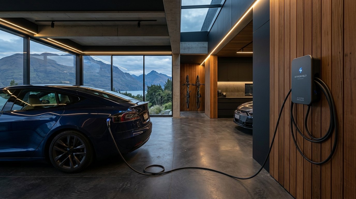 Tesla Model Y charging at home garage wallbox