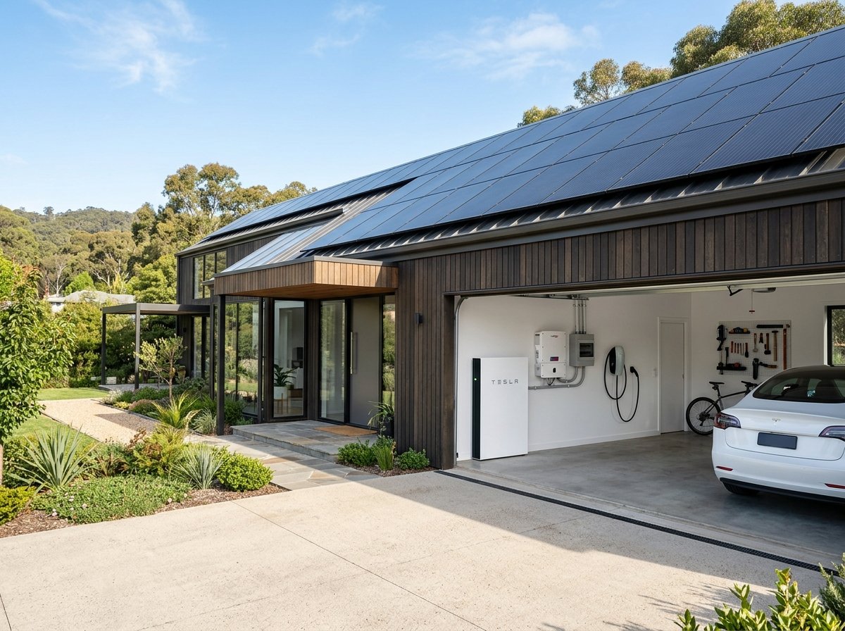 A modern house displaying hybrid solar systems