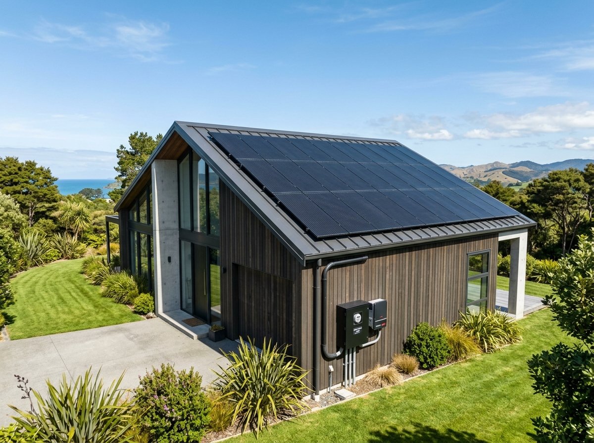 A residential house fitted with on-grid solar panels